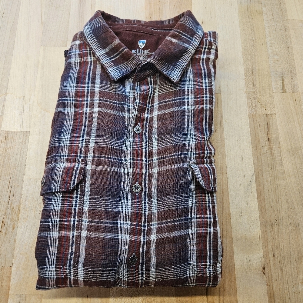 Kuhl Shirt Mens XLarge Red Blue White Plaid Button Up Double Cloth Shatterd Hike